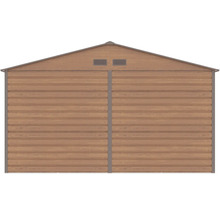 Zadná stena kovového záhradného domčeka v dekore dreva so sedlovou strechou a dvoma vetracími otvormi.