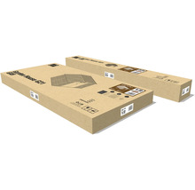 Dve kartónové krabice pre záhradný domček G21, označené ako časť jedna z dvoch a časť dve z dvoch.