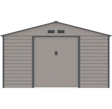 Kovový záhradný domček so sedlovou strechou, dvojkrídlovými dverami a vetracími otvormi.