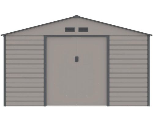 Kovový záhradný domček so sedlovou strechou, dvojkrídlovými dverami a vetracími otvormi.