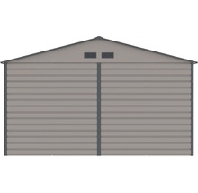 Zadná stena kovového záhradného domčeka so sedlovou strechou a dvoma vetracími otvormi.