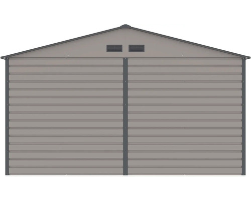 Zadná stena kovového záhradného domčeka so sedlovou strechou a dvoma vetracími otvormi.