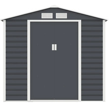 Kovový záhradný domček v antracitovej farbe s bielym rámom, sedlovou strechou, dvojitými posuvnými dverami a dvomi vetracími mriežkami.