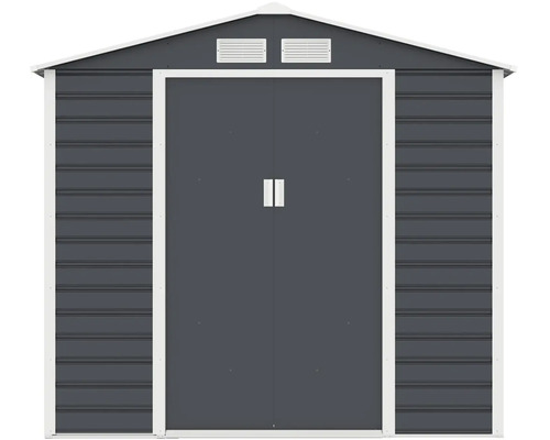Kovový záhradný domček v antracitovej farbe s bielym rámom, sedlovou strechou, dvojitými posuvnými dverami a dvomi vetracími mriežkami.