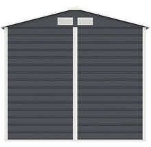 Kovový záhradný domček v antracitovej farbe s bielymi detailmi, sedlovou strechou a dvoma vetracími otvormi.