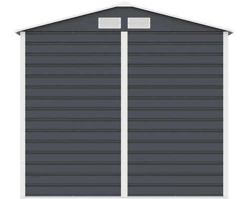 Kovový záhradný domček v antracitovej farbe s bielymi detailmi, sedlovou strechou a dvoma vetracími otvormi.