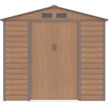 Záhradný domček v dekore dreva so sedlovou strechou, dvojkrídlovými dverami a dvoma vetracími mriežkami.