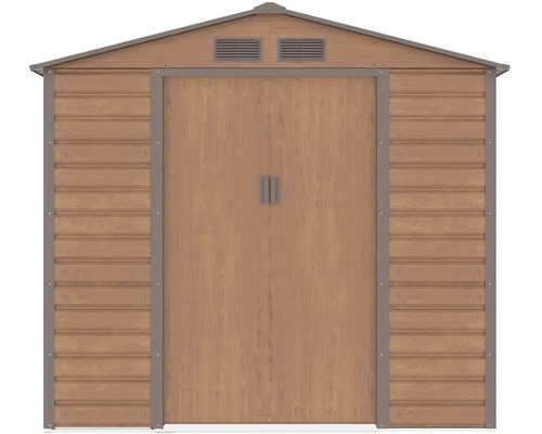 Záhradný domček v dekore dreva so sedlovou strechou, dvojkrídlovými dverami a dvoma vetracími mriežkami.