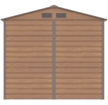 Vonkajsia stena kovoveho zahradneho domceka v dekore dreva s vetracimi otvormi a stitom pre sedlovu strechu.