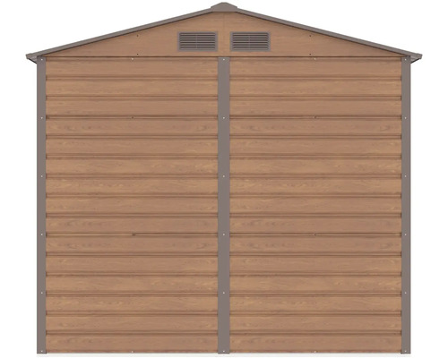 Vonkajsia stena kovoveho zahradneho domceka v dekore dreva s vetracimi otvormi a stitom pre sedlovu strechu.