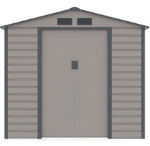 Béžovo-sivý kovový záhradný domček s dvojkrídlovými dverami, sedlovou strechou a vetracími otvormi.
