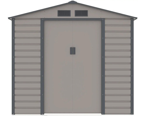 Béžovo-sivý kovový záhradný domček s dvojkrídlovými dverami, sedlovou strechou a vetracími otvormi.