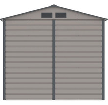 Sivý kovový záhradný domček so sedlovou strechou, vodorovnými panelmi a vetracími otvormi.