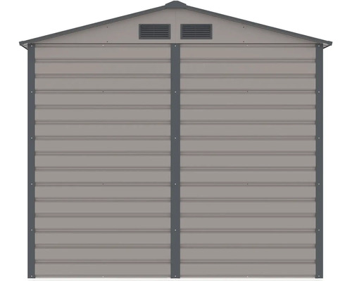 Sivý kovový záhradný domček so sedlovou strechou, vodorovnými panelmi a vetracími otvormi.