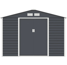 Antracitový kovový záhradný domček so sedlovou strechou, dvojitými posuvnými dverami a dvoma vetracími otvormi.