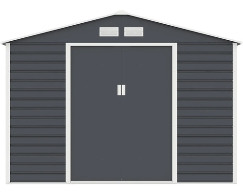 Antracitový kovový záhradný domček so sedlovou strechou, dvojitými posuvnými dverami a dvoma vetracími otvormi.