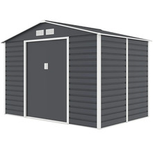 Kovový záhradný domček so sedlovou strechou, posuvnými dverami a vetracími otvormi