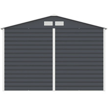 Antracitový kovový záhradný domček so sedlovou strechou, horizontálnymi panelmi a vetracími mriežkami.