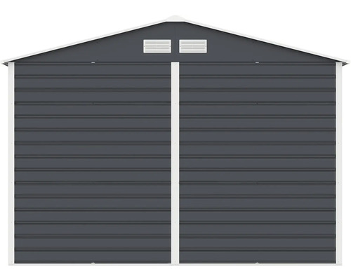 Antracitový kovový záhradný domček so sedlovou strechou, horizontálnymi panelmi a vetracími mriežkami.