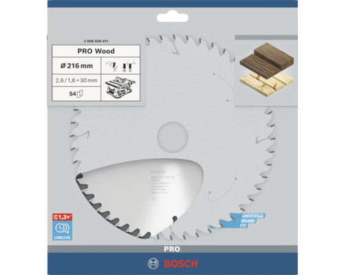 Pílový kotúč Bosch PRO Wood na drevo, priemer 216 milimetrov, 54 zubov, otvor 30 milimetrov, dlhá životnosť, univerzálne použitie, Bosch Logo.