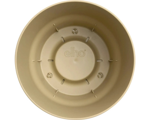 Vnútorný pohľad na okrúhly plastový kvetináč s drenážnymi otvormi a elho Logo.