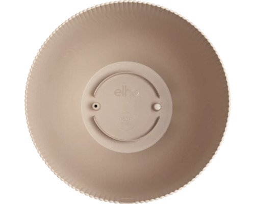 Pohľad zhora na okrúhlu misu na rastliny s ryhovaným okrajom, logom elho a drenážnym otvorom v spodnej časti.