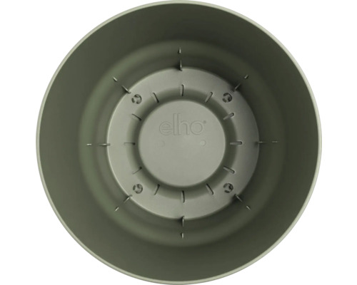 Vnútorný pohľad na okrúhly plastový kvetináč s drenážnymi otvormi a elho Logo na dne.