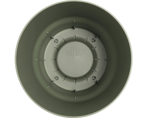 Pohľad zhora do okrúhleho, zeleného plastového kvetináča Elho.