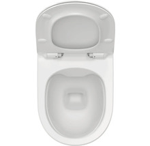 Biela keramická toaletná misa s otvoreným vekom a sedadlom, pohľad zhora.