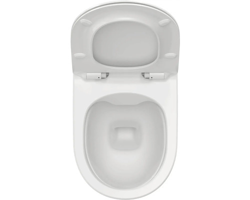 Biela keramická toaletná misa s otvoreným vekom a sedadlom, pohľad zhora.