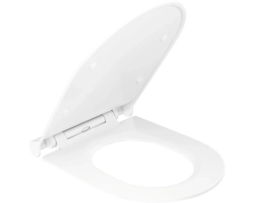 Biele záchodové sedadlo s vekom, otvorené, vyrobené z plastu, so závesmi.