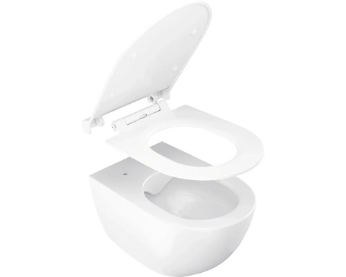 Závesné WC z bielej keramiky s odnímateľným WC sedadlom a vekom.