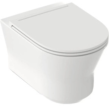 Závesná toaleta s toaletným sedadlom, biela, moderná, z keramiky.