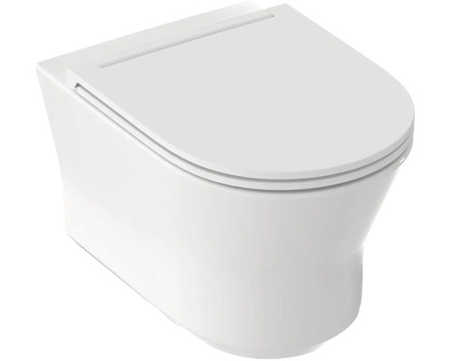 Závesná toaleta s toaletným sedadlom, biela, moderná, z keramiky.