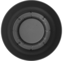 Pohľad zhora do vnútra okrúhleho plastového kvetináča elho s odtokovými otvormi a elho Logo.