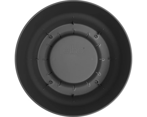 Pohľad zhora do vnútra okrúhleho plastového kvetináča elho s odtokovými otvormi a elho Logo.