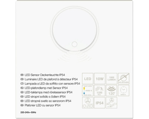 LED stropné svetlo so senzorom IP54, 10 Wattov, 1800 Lúmenov, 4000 Kelvinov, dosah 10 metrov, uhol 120 stupňov, nestmievateľné.