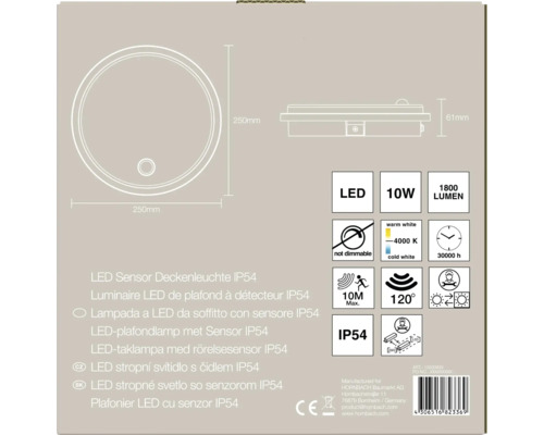 LED stropné svetlo so senzorom IP54, priemer 250 milimetrov, 10 wattov, 1800 lúmenov, 4000 kelvinov, detekčný uhol 120 stupňov, dosah 10 metrov.