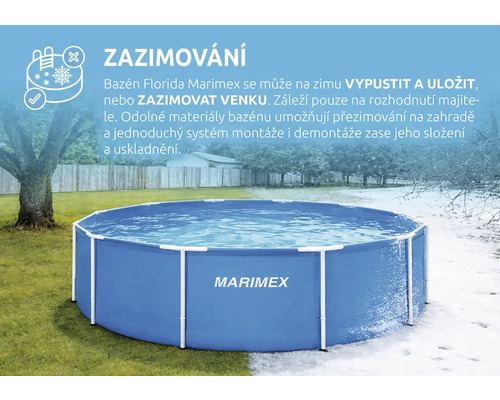Bazén Marimex Florida s konštrukciou v záhrade, znázorňujúci možnosti zazimovania vonku alebo vypustenia a uskladnenia.
