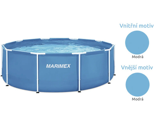 Okrúhly bazén s konštrukciou Marimex s modrým vnútorným a vonkajším motívom a bielym kovovým rámom.