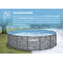 Okrúhly bazén Marimex Florida s kamenným dekorom na záhrade v lete a v zime pre ilustráciu vonkajšieho zazimovania.