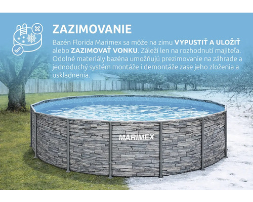 Okrúhly bazén Marimex Florida s kamenným dekorom na záhrade v lete a v zime pre ilustráciu vonkajšieho zazimovania.
