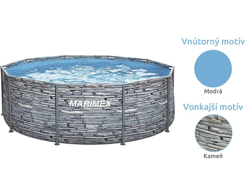 Okrúhly nadzemný bazén Marimex s konštrukciou v dekore kameňa a modrou vnútornou fóliou.