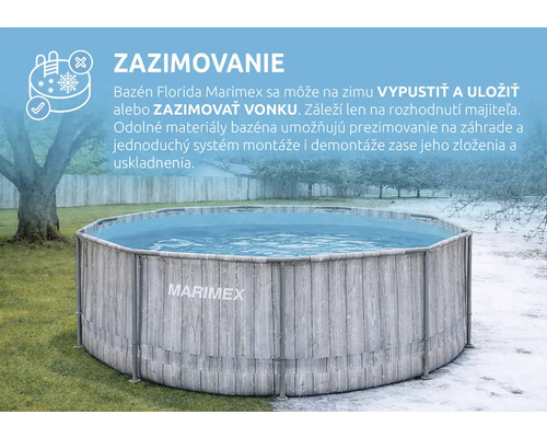 Okrúhly nadzemný bazén Marimex Florida s dekórom dreva v záhrade so snehom, vhodný na zazimovanie.