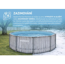 Kruhový nadzemný bazén Marimex s dreveným dekorom v záhrade počas leta a zimy pre ilustráciu možností zazimovania.