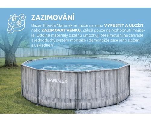 Kruhový nadzemný bazén Marimex s dreveným dekorom v záhrade počas leta a zimy pre ilustráciu možností zazimovania.