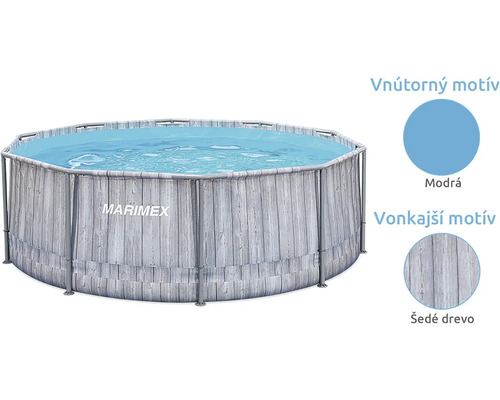 Bazén s konštrukciou Marimex, okrúhly, s vonkajším motívom sivého dreva a modrým vnútrom.