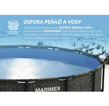 Logo Marimex na nadzemnom bazéne v zasneženej krajine s informáciami o úspore vody a peňazí vďaka zazimovaniu.