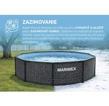 Nadzemný bazén Marimex Florida s ratanovým vzhľadom, Marimex Logo a symbolom pre zazimovanie v delenej letnej a zimnej krajine.