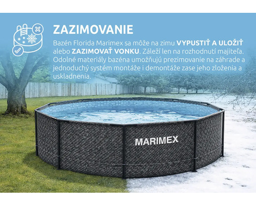 Nadzemný bazén Marimex Florida s ratanovým vzhľadom, Marimex Logo a symbolom pre zazimovanie v delenej letnej a zimnej krajine.